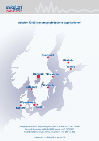 Sachsen
Berlin
Lund
Köpenhamn
Västervik
Göteborg
StockholmKarlstad
Pirkkala
Vantaa
Esbjerg
Sundsvall
Askalon förbättrar processindustrins applikationer
Sverige/Huvudkontor: Nolgårdsvägen 11, 663 41 Hammarö • 054 57 92 00
Danmark: Generatorvej 8B, DK-2860 Søborg • +45 7070 1275
Finland: Hakamäenkuja 5, FI-01510 Vantaa • +358 207 416 200
askalon.se • askalon.dk • askalon.fi
 