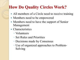 How Do Quality Circles Work?
 All members of a Circle need to receive training
 Members need to be empowered
 Members need to have the support of Senior
  Management
 Characteristics
  ◦ Volunteers
  ◦ Set Rules and Priorities
  ◦ Decisions made by Consensus
  ◦ Use of organized approaches to Problem-
    Solving
 