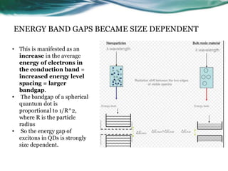 ENERGY BAND GAPS BECAME SIZE DEPENDENT
• This is manifested as an
increase in the average
energy of electrons in
the conduction band =
increased energy level
spacing = larger
bandgap.
• The bandgap of a spherical
quantum dot is
proportional to 1/R^2,
where R is the particle
radius
• So the energy gap of
excitons in QDs is strongly
size dependent.
 