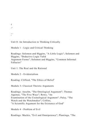 r
,-
,..
'
Unit 0: An Introduction to Thinking Critically
Module 1 - Logic and Critical Thinking
Readings: Solomon and Higgins, "A Little Logic"; Solomon and
Higgins, "Deductive Logic Valid
Argument Forms"; Solomon and Higgins, "Common Informal
Fallacies"
Unit 1: The Real and the Rational
Module 2 - Evidentialism
Reading: Clifford, "The Ethics of Belief'
Module 3- Classical Theistic Arguments
Readings: Anselm, "The Ontological Argument"; Thomas
Aquinas, "The Five Ways"; Rowe, "An
Examination of the Cosmological Argument"; Paley, "The
Watch and the Watchmaker"; Collins,
"A Scientific Argument for the Existence of God"
Module 4 - Problem of Evil
Readings: Mackie, "Evil and Omnipotence"; Plantinga, "The
 