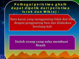 Pelbagai peristiwa ghaib dapat dipetik dari peristiwa Israk dan Mikraj : Satu kaum yang menggunting lidah dan bibir dengan penggunting besi dan dilakukan berulang kali  Itulah orang yang suka membuat fitnah  31 