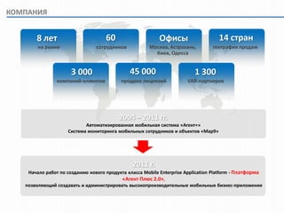 КОМПАНИЯ


       8 лет                        60                     Офисы                     14 стран
       на рынке                 сотрудников            Москва, Астрахань,         география продаж
                                                         Киев, Одесса


                      3 000                    45 000                     1 300
                компаний-клиентов          продано лицензий            VAR-партнеров




                                          2004 – 2011 гг.
                           Автоматизированная мобильная система «Агент+»
                    Система мониторинга мобильных сотрудников и объектов «Map9»




                                                2011 г.
    Начало работ по созданию нового продукта класса Mobile Enterprise Application Platform - Платформа
                                           «Агент Плюс 2.0»,
   позволяющий создавать и администрировать высокопроизводительные мобильные бизнес-приложения
 