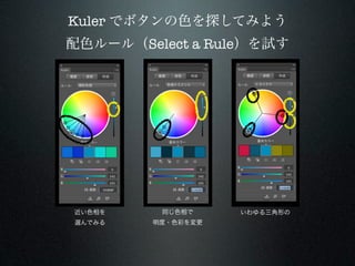 Kuler でボタンの色を探してみよう
配色ルール（Select a Rule）を試す




近い色相を    同じ色相で     いわゆる三角形の
選んでみる   明度・色彩を変更
 