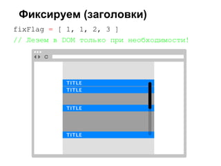 Фиксируем (заголовки)
fixFlag = [ 1, 1, 2, 3 ]
// Лезем в DOM только при необходимости!
 