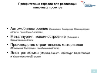 Приоритетные отрасли для реализации
пилотных проектов
• Автомобилестроение (Калужская, Самарская, Нижегородская
области, Республика Татарстан)
• Металлургия, машиностроение (Липецкая и
Свердловская области)
• Производство строительных материалов
(Московская, Ростовская, Челябинская области)
• Электротехника (Москва, Санкт-Петербург, Саратовская
и Ульяновские области)
12
 