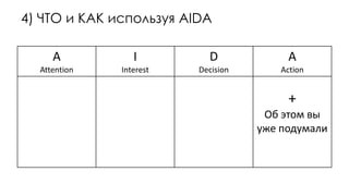 4) ЧТО и КАК используя AIDA
A
Attention
I
Interest
D
Decision
A
Action
+
Об этом вы
уже подумали
 