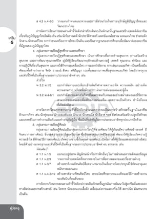 ส 4.3 ม.4-6/3 วางแผนกําหนดแนวทางและการมีสวนรวมในการอนุรักษภูมิปญญาไทยและ
วัฒนธรรมไทย
การจัดการเรียนการสอนตามตัวชี้วัดดังกลาวขางตนจะเปนทักษะพื้นฐานและสรางเจตคติตออาชีพ
่
ิ
่
ิ
เสร�ม เกียวกับภูมปญญาไทยในทองถิน เชน นักโบราณคดี นักประวัตศาสตร แพทยแผนโบราณ นวดแผนไทย ชางทอผา
ไ
่
6 จักสาน นักดนตรีญทย การทําขนมหรืออาหารไทย เปนตน และเปนรากฐานของการศึกษาเพือพัฒนาตอยอดอาชีพ
ที่มีฐานของภูมิป ญาไทย
4. กลุมสาระการเรียนรูสุขศึกษาและพลศึกษา
กลุมสาระการเรียนรูสุขศึกษาและพลศึกษา เปนการศึกษาเพื่อการดํารงสุขภาพ การเสริมสราง
สุขภาพ และการพัฒนาคุณภาพชีวิต มุงใหผูเรียนพัฒนาพฤติกรรมดานความรู เจตคติ คุณธรรม คานิยม และ
การปฏิบัติเกี่ยวกับสุขภาพ และการใชกิจกรรมเคลื่อนไหว การออกกําลังกาย การเลนเกมและกีฬา เปนเครื่องมือ
พัฒนาทั้งดานรางกาย จิตใจ อารมณ สังคม สติปญญา รวมทั้งสมรรถภาพเพื่อสุขภาพและกีฬา โดยมีมาตรฐาน
และตัวชี้วัดที่เปนพื้นฐานของการประกอบอาชีพตางๆ เชน
ตัวชี้วัด
พ 3.2 ม.1/2 ออกกําลังกายและเลือกเขาเลนกีฬาตามความถนัด ความสนใจ อยางเต็ม
ความสามารถ พรอมทั้งมีการประเมินการเลนของตนและผูอื่น
พ 3.2 ม.4-6/1 ออกกําลังกายและเลนกีฬาที่เหมาะสมกับตนเองอยางสมํ่าเสมอและใชความ
สามารถของตนเองเพิ่มศักยภาพของทีม ลดความเปนตัวตน คํานึงถึงผล
ที่เกิดตอสังคม
การจัดการเรียนการสอนตามตัวชี้วัดดังกลาวนอกจากจะเปนการสรางทักษะพื้นฐานในอาชีพ
ดานการกีฬา เชน นักฟุตบอล นักวอลเลยบอล นักมวย นักเทนนิส นักลีลาศ ฯลฯ ยังชวยเสริมสรางปลูกฝงทักษะ
และเจตคติในการทํางานเปนทีมและทํางานกับผูอื่น ซึ่งเปนสิ่งสําคัญในการประกอบอาชีพทุกประเภทอีกดวย
5. กลุมสาระการเรียนรูศิลปะ
กลุมสาระการเรียนรูศิลปะเปนกลุมสาระการเรียนรูที่ชวยพัฒนาใหผูเรียนมีความคิดสรางสรรค มี
จินตนาการทางศิลปะ ชื่นชมความงาม มีสุนทรียภาพ ซึ่งมีผลตอคุณภาพชีวิตมนุษย พัฒนาใหผูเรียนเกิดความรู
ความเขาใจ มีทกษะวิธการทางศิลปะ เกิดความซาบซึงในคุณคาของศิลปะ เปดโอกาสใหผเู รียนแสดงออกอยางอิสระ
ั
ี
้
โดยมีตัวอยางมาตรฐานและตัวชี้วัดที่เปนพื้นฐานของการประกอบอาชีพตางๆ มากมาย เชน
ทัศนศิลป
ศ 1.1 ม.1/5 ออกแบบรูปภาพ สัญลักษณ หรือกราฟกอืนๆ ในการนําเสนอความคิดและขอมูล
่
ศ 1.1 ม.2/3 วาดภาพดวยเทคนิคที่หลากหลายในการสื่อความหมายและเรื่องราวตางๆ
ศ 1.1 ม.3/7 สรางสรรคงานทัศนศิลปสอความหมายเปนเรืองราวโดยประยุกตใชทศนธาตุและ
ื่
่
ั
หลักการออกแบบ
ศ 1.1 ม.4-6/10 สรางสรรคงานทัศนศิลปไทย สากลโดยศึกษาจากแนวคิดและวิธีการสรางงาน
ของศิลปนที่ตนชื่นชอบ
การจัดการเรียนการสอนตามตัวชีวดดังกลาวจะเปนทักษะพืนฐานในการพัฒนาไปสูอาชีพทีแสดงออก
้ั
้

่
ทางศิลปะและการสรางสรรค เชน จิตรกร นักออกแบบเสื้อผา เครื่องแตงกายและเครื่องใช สถาปนิก มัณฑนากร
เปนตน
คูมอครู
 ื

 