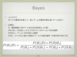 Bayes
コンセプト
▶ベイズ確率を計算して、良いアームの確率が最も高いアームを引く
計算式
D：観測事象(100アームを引き20回当たった等)
P(H ¦D)：Dが起こった上でそのマシンがアーム1である確率
P(D¦H )：アーム1でDが起こる確率
P(H )：ランダムに選んだ場合にアーム1を選ぶ確率（今回の例では0.75）
1

1

1

93

 