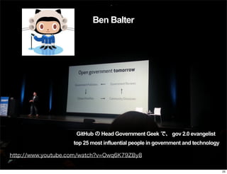 Ben Balter

GitHub の Head Government Geek で、 gov 2.0 evangelist
top 25 most influential people in government and technology
http://www.youtube.com/watch?v=Owq6K79ZBy8
25

 