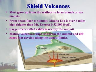 Shield Volcanoes
• Most grow up from the seafloor to form islands or sea
mounts.
• From ocean floor to summit, Mauna Loa is over 6 miles
high (higher than Mt. Everest [~32,000 feet]).
• Large steep-walled calderas occupy the summit.
• Mature volcanoes erupt lava from the summit and rift
zones that develop along the slopes (flank).

 