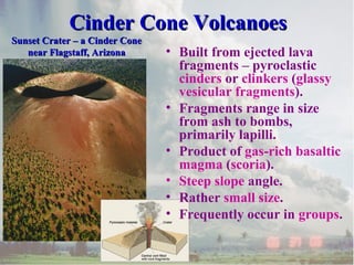 Cinder Cone Volcanoes
Sunset Crater – a Cinder Cone
near Flagstaff, Arizona

• Built from ejected lava
fragments – pyroclastic
cinders or clinkers (glassy
vesicular fragments).
• Fragments range in size
from ash to bombs,
primarily lapilli.
• Product of gas-rich basaltic
magma (scoria).
• Steep slope angle.
• Rather small size.
• Frequently occur in groups.

 