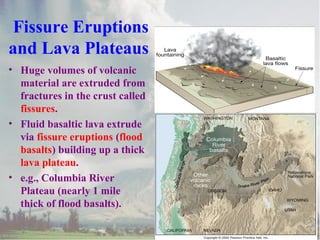 Fissure Eruptions
and Lava Plateaus
• Huge volumes of volcanic
material are extruded from
fractures in the crust called
fissures.
• Fluid basaltic lava extrude
via fissure eruptions (flood
basalts) building up a thick
lava plateau.
• e.g., Columbia River
Plateau (nearly 1 mile
thick of flood basalts).

 