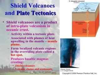 Shield Volcanoes
and Plate TectonicsPlate Tectonics
• Shield volcanoes are a product
of intra-plate volcanism in
oceanic crust.
– Activity within a tectonic plate.
– Associated with plumes of heat
upwelling in the mantle – mantle
plume.
– Form localized volcanic regions
in the overriding plate called a
hot spot.
– Produces basaltic magmas
creating:
• Shield volcanoes
• Volcanic chains and seamounts
 