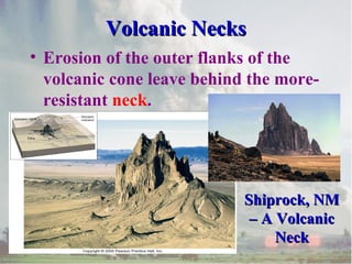 Volcanic NecksVolcanic Necks
• Erosion of the outer flanks of the
volcanic cone leave behind the more-
resistant neck.
Shiprock, NMShiprock, NM
– A Volcanic– A Volcanic
NeckNeck
 