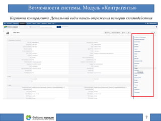 Возможности системы. Модуль «Контрагенты»
Карточка контрагента. Детальный вид и панель отражения истории взаимодействия
7
 