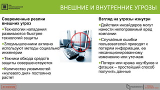 Г. ТЮМЕНЬ
29 ОКТЯБРЯ 2015#CODEIB
ВНЕШНИЕ И ВНУТРЕННИЕ УГРОЗЫ
Современные реалии
внешних угроз
●Технологии нападения
развиваются быстрее
технологий защиты
●Злоумышленники активно
используют методы социальной
инженерии
●Техники обхода средств
защиты совершенствуются
●Количество уязвимостей
«нулевого дня» постоянно
растет
Взгляд на угрозы изнутри
●Действия инсайдеров могут
нанести непоправимый вред
компании
●Случайные ошибки
пользователей приводят к
потерям информации, ее
несанкционированному
изменению или утечкам
●Потеря или кража ноутбуков и
флэшек – простейший способ
получить данные
 