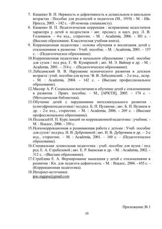 19
7. Кащенко В. П. Нервность и дефективность в дошкольном и школьном
возрастах : Пособие для родителей и педагогов (М., 1919) - М. : Шк.
Пресса, 2005. - 142 с. - (В помощь специалисту).
8. Кащенко В. П. Педагогическая коррекция : исправление недостатков
характера у детей и подростков / авт. предисл. и науч. ред. Л. В.
Голованов. - 4-е изд., стереотип. - М. : Аcademia, 2006. - 301 с. -
(Высшее образование. Классическая учебная книга).
9. Коррекционная педагогика : основы обучения и воспитания детей с
отклонениями в развитии : Учеб. пособие. - М. : Аcademia, 2001. – 157
с. – (Педагогическое образование).
10.Коррекционная педагогика в начальном образовании : учеб. пособие
для сузов / под ред. Г. Ф. Кумариной ; авт. М. Э. Вайнер и др. - М. :
Аcademia, 2001. – 314 с. – (Педагогическое образование).
11.Лебединский В. В. Нарушение психического развития в детском
возрасте: учеб. пособиедля вузов / В. В. Лебединский. - 2-е изд., испр.
- М. : Аcademia, 2004. - 142 с. - (Высшее профессиональное
образование).
12.Маллер А. Р. Социальное воспитаниеи обучение детей с отклонениями
в развитии : Практ. пособие. – М., [АРКТИ], 2005. – 174 с. –
(Методическая библиотека).
13.Обучение детей с нарушениями интеллектуального развития :
(олигофренопедагогика)/ под ред. Б. П. Пузанова ; авт. Б. П. Пузанов и
др. - 2-е изд., стереотип. - М. : Аcademia, 2006. - 269 с. - (Высшее
профессиональное образование).
14.ПодласыйИ. П. Курс лекций по коррекционнойпедагогике : учебник. -
М. : Владос, 2006. - 350 с.
15.Психокоррекционная и развивающая работа с детьми : Учеб. пособие
для сузов / под ред. И. В. Дубровиной; авт. И. В. Дубровина и др. – 2-е
изд., стереотип. – М. : Аcademia, 2001. – 160 с. – (Педагогическое
образование).
16.Специальная дошкольная педагогика : учеб. пособие для вузов / под
ред. Е. А. Стребелевой ; авт. Е. Р. Баенская и др. - М. : Аcademia, 2002. -
312 с. - (Высшее образование).
17.Стреблева Е. А. Формирование мышления у детей с отклонениями в
развитии : Кн. для педагога-дефектолога. - М. : Владос, 2004. - 655 с. -
(Коррекционная педагогика).
18.Интернет-источники:
ipio.mgppu@gmail.com
Приложение № 1
 