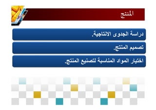 ‫املنتج‬
‫االنتاجية‬ ‫الجدوى‬ ‫دراسة‬.
‫المنتج‬ ‫تصميم‬.
‫المنتج‬ ‫لتصنيع‬ ‫المناسبة‬ ‫المواد‬ ‫اختيار‬.
 