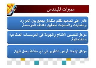 ‫املهندس‬ ‫ات‬‫ز‬‫ممي‬
‫الصناعي‬
‫الموارد‬ ‫بين‬ ‫يجمع‬ ‫متكامل‬ ‫نظام‬ ‫تصميم‬ ‫على‬ ‫قادر‬
‫المؤسسة‬ ‫اهداف‬ ‫لتحقيق‬ ‫والمنتجات‬ ‫والعمليات‬.
‫الصن‬ ‫المؤسسات‬ ‫في‬ ‫والجودة‬ ‫االنتاج‬ ‫لتحسين‬ ‫مؤهل‬‫اعية‬
‫والخدماتية‬.
‫فيه‬ ‫يعمل‬ ‫منشاة‬ ‫أي‬ ‫في‬ ‫التطوير‬ ‫فرص‬ ‫إليجاد‬ ‫مؤهل‬‫ا‬.
 