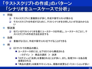 「テストスクリプトの作成」のパターン
「シナリオをユースケースで分析」
 問題
 テストスクリプトに重複部分が多く、作成や保守コストが掛かる
 テストスクリプトを作成するために、テストシナリオを分析したいが方法わからな
い
 解決策
 似ているテストシナリオを基にユースケースを作成し、ユースケースごとに、テ
ストスクリプトの作成方法を決定する
 効果
 重複がなくなり、作成や保守コストを下げることができる
 例
 ECサイトでの商品の購入
 ユースケース的には、以下の3つから構成される
– ログイン ＞ 商品の選択 ＞ 決済
 「ログイン」と「決済」は重複されることが多い、また、処理フローはある程
度限定される
 「商品の選択」は検索やキャンセル、個数の変更などバリエーションが多い
60
 