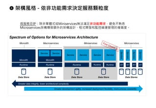  架構風格 - 依非功能需求決定服務顆粒度
Spectrum of Options for Microservices Architecture
Greater development agility, increased deployment flexibility, more precise scalability
Data Store Data Stores
Monolith Macroservices Miniservices Microservices
Monolith
Runtime
Monolith
Runtime Runtime
Data Store Data Store
Service Service
Service Service
Runtime Runtime
Data Store
Greater data integrity, lower architectural complexity
Service Service
Service
RT
Service
RT
Service
RT
Service
RT
微服務忌妒：除非單體式或Miniservices無法滿足非功能需求，避免不熟悉
Microservices架構導致額外的架構設計、程式開發和監控維運管理的複雜度。
 