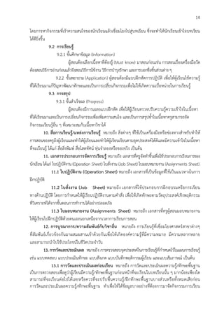 14
โดยการหากิจกรรมที่เราความสนใจของนักเรียนแลวเชื่อมโยงไปสูบทเรียน ซึ่งจะทําใหนักเรียนเขาใจบทเรียน
ไดดียิ่งขึ้น
9.2 การเรียนรู
9.2.1 ขั้นศึกษาขอมูล (Information)
ผูสอนตองเลือกเนื้อหาที่ตองรู (Must know) มาสอนกอนเชน การสอนเรื่องเครื่องมือวัด
ตองสอนวิธีการอานกอนแลวจึงสอนวิธีการใชงาน วิธีการบํารุงรักษา และการบอกชื่อชิ้นสวนตาง ๆ
9.2.2 ขั้นพยายาม (Application) ผูสอนตองมีแบบฝกหัดการปฏิบัติ เพื่อใหผูเรียนใชความรู
ที่ไดเรียนมาแกปญหาพัฒนาทักษะและเปนการเปลี่ยนกิจกรรมเพื่อไมใหเกิดความเบื่อหนายในการเรียนรู
9.3 การสรุป
9.3.1 ขั้นสําเร็จผล (Progress)
ผูสอนตองมีการเฉลยแบบฝกหัด เพื่อใหผูเรียนตรวจปรับความรูความเขาใจในเนื้อหา
ที่ไดเรียนมาและเปนการเปลี่ยนกิจกรรมเพื่อเพิ่มความสนใจ และเปนการสรุปซ้ําในเนื้อหาครูสามารถจัด
กิจกรรมเรียนรูอื่น ๆ ที่เหมาะสมกับเนื้อหาวิชาได
10. สื่อการเรียนรู/แหลงการเรียนรู หมายถึง สิ่งตางๆ ที่ใชเปนเครื่องมือหรือชองทางสําหรับทําให
การสอนของครูถึงผูเรียนและทําใหผูเรียนและทําใหผูเรียนเรียนตามจุดประสงคไดดีและมีความเขาใจในเนื้อหา
ที่จะเรียนรู ไดแก สื่อสิ่งพิมพ สื่อโสตทัศน หุนจําลองหรือของจริง เปนตน
11. เอกสารประกอบการจัดการเรียนรู หมายถึง เอกสารที่ครูจัดทําขึ้นเพื่อใชประกอบการเรียนการของ
นักเรียน ไดแก ใบปฏิบัติงาน (Operation Sheet) ใบสั่งงาน (Job Sheet) ใบมอบหมายงาน (Assignments Sheet)
11.1 ใบปฏิบัติงาน (Operation Sheet) หมายถึง เอกสารที่เปนขอมูลที่ใชเปนแนวทางในการ
ฝกปฏิบัติ
11.2 ใบสั่งงาน (Job Sheet) หมายถึง เอกสารที่ใชประกอบการฝกอบรมหรือการเรียน
ทางดานปฏิบัติ โดยการกําหนดใหผูเรียนปฏิบัติงานตามคําสั่ง เพื่อใหเกิดทักษะตามวัตถุประสงคเชิงพฤติกรรม
ที่วิเคราะหไดจากขั้นตอนการทํางานไดอยางปลอดภัย
11.3 ใบมอบหมายงาน (Assignments Sheet) หมายถึง เอกสารที่ครูผูสอนมอบหมายงาน
ใหผูเรียนไปฝกปฏิบัติดวยตนเองนอกเหนือจากเวลาการเรียนการสอน
12. การบูรณาการ/ความสัมพันธกับวิชาอื่น หมายถึง การเรียนรูที่เชื่อมโยงศาสตรสาขาตางๆ
ที่สัมพันธเกี่ยวของกันมาผสมผสานเขาดวยกันเพื่อใหเกิดองคความรูที่มีความหมาย มีความหลากหลาย
และสามารถนําไปใชประโยชนในชีวิตประจําวัน
13. การวัดและประเมินผล หมายถึง การตรวจสอบจุดประสงคในการเรียนรูที่กําหนดไวในแผนการเรียนรู
เชน แบบทดสอบ แบบประเมินทักษะ แบบสังเกต แบบบันทึกพฤติกรรมผูเรียน และแบบสัมภาษณ เปนตน
13.1 การวัดและประเมินผลกอนเรียน หมายถึง การวัดและประเมินผลความรู/ทักษะพื้นฐาน
เปนการตรวจสอบเพื่อดูวาผูเรียนมีความรู/ทักษะพื้นฐานกอนหนาที่จะเรียนในบทเรียนนั้น ๆ มากนอยเพียงใด
สามารถที่จะเรียนตอไปไดเลยหรือควรที่จะปรับพื้นความรู/ฝกทักษะพื้นฐานบางสวนหรือทั้งหมดเสียกอน
การวัดและประเมินผลความรู/ทักษะพื้นฐาน ทําเพื่อใหไดขอมูลบางอยางที่ตองการมาจัดกิจกรรมการเรียน
 