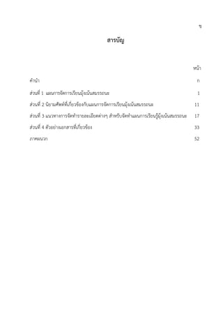 ข
สารบัญ
หนา
คํานํา ก
สวนที่ 1 แผนการจัดการเรียนมุงเนนสมรรถนะ 1
สวนที่ 2 นิยามศัพทที่เกี่ยวของกับแผนการจัดการเรียนมุงเนนสมรรถนะ 11
สวนที่ 3 แนวทางการจัดทํารายละเอียดตางๆ สําหรับจัดทําแผนการเรียนรูมุงเนนสมรรถนะ 17
สวนที่ 4 ตัวอยางเอกสารที่เกี่ยวของ 33
ภาคผนวก 52
 