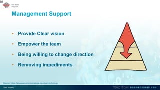 Management Support
• Provide Clear vision
• Empower the team
• Being willing to change direction
• Removing impediments
30
Source: https://lanaquera.com/estrategia-top-down-bottom-up
 