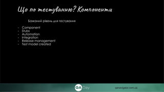 Бажаний рівень для тестування
- Component
- Stubs
- Automation
- Integration
- Release management
- Test model created
Що по тестуванню? Компоненти
qanavigator.com.ua
 