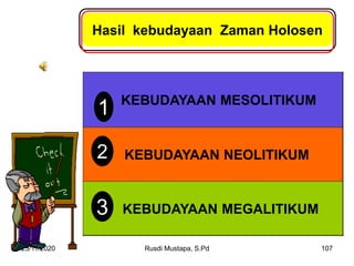 23/11/2020 Rusdi Mustapa, S.Pd 107
KEBUDAYAAN MESOLITIKUM
KEBUDAYAAN NEOLITIKUM
KEBUDAYAAN MEGALITIKUM
Hasil kebudayaan Zaman Holosen
1
2
3
 