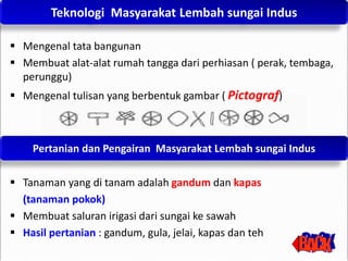  Mengenal tata bangunan
 Membuat alat-alat rumah tangga dari perhiasan ( perak, tembaga,
perunggu)
 Mengenal tulisan yang berbentuk gambar ( Pictograf)
 Tanaman yang di tanam adalah gandum dan kapas
(tanaman pokok)
 Membuat saluran irigasi dari sungai ke sawah
 Hasil pertanian : gandum, gula, jelai, kapas dan teh
Teknologi Masyarakat Lembah sungai Indus
Pertanian dan Pengairan Masyarakat Lembah sungai Indus
 