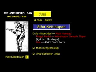 CIRI-CIRI KEHIDUPAN
MASA MESOLITIKUM
 Mulai dipoles
 Semi-Nomaden --- Mulai menetap
Pinggir Pantai --- Kebudayaan Sampah Dapur
(Kjokken Moddinger)
Gua --- Abrice Souce Roche
 Mulai mengenal religi
 Food Gathering lanjut
Hasil Kebudayaan
 