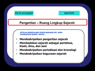 PETA KONSEP MATERI
SETELAH MEMPELAJARI POKOK BAHASAN INI ANDA
DIHARAPKAN MAMPU UNTUK :
 Mendeskripsikan pengertian sejarah
 Membedakan sejarah sebagai peristiwa,
kisah, ilmu, dan seni
 Mendeskripsikan periodisasi dan kronologi
 Mendeskripsikan kegunaan sejarah
Pengertian – Ruang Lingkup Sejarah
 