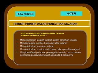 PETA KONSEP MATERI
SETELAH MEMPELAJARI POKOK BAHASAN INI ANDA
DIHARAPKAN MAMPU UNTUK :
 Mendeskripsikan langkah-langkah dalam penelitian sejarah
 Mendiskripsikan sumber, bukti, dan fakta sejarah
 Mendeskripsikan jenis-jenis sejarah
 Mendeskripsikan prinsip-prisnip dasar dalam penelitian sejarah
 Mengidentifikasi peristiwa, peninggalan sejarah, dan monumen
peringatan peristiwa bersejarah yang ada di sekitarnya
PRINSIP-PRINSIP DASAR PENELITIAN SEJARAH
 