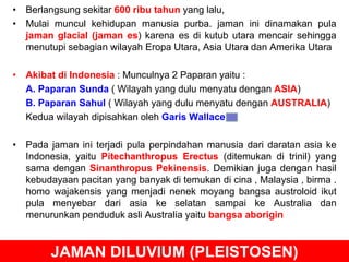 • Berlangsung sekitar 600 ribu tahun yang lalu,
• Mulai muncul kehidupan manusia purba. jaman ini dinamakan pula
jaman glacial (jaman es) karena es di kutub utara mencair sehingga
menutupi sebagian wilayah Eropa Utara, Asia Utara dan Amerika Utara
• Akibat di Indonesia : Munculnya 2 Paparan yaitu :
A. Paparan Sunda ( Wilayah yang dulu menyatu dengan ASIA)
B. Paparan Sahul ( Wilayah yang dulu menyatu dengan AUSTRALIA)
Kedua wilayah dipisahkan oleh Garis Wallace
• Pada jaman ini terjadi pula perpindahan manusia dari daratan asia ke
Indonesia, yaitu Pitechanthropus Erectus (ditemukan di trinil) yang
sama dengan Sinanthropus Pekinensis. Demikian juga dengan hasil
kebudayaan pacitan yang banyak di temukan di cina , Malaysia , birma .
homo wajakensis yang menjadi nenek moyang bangsa austroloid ikut
pula menyebar dari asia ke selatan sampai ke Australia dan
menurunkan penduduk asli Australia yaitu bangsa aborigin
JAMAN DILUVIUM (PLEISTOSEN)
 