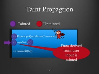 Taint Propagtion
24
x = Request.getQueryParam(“username”)
…
y = copyString(x)
…
r = executeSQL(y)
Tainted Untainted
Data derived
from user
input is
tainted
 