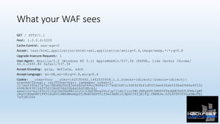 What your WAF sees
GET / HTTP/1.1
Host: 1.0.0.6:5000
Cache-Control: max-age=0
Accept: text/html,application/xhtml+xml,application/xml;q=0.9,image/webp,*/*;q=0.8
Upgrade-Insecure-Requests: 1
User-Agent: Mozilla/5.0 (Windows NT 5.1) AppleWebKit/537.36 (KHTML, like Gecko) Chrome/
46.0.2490.80 Safari/537.36
Accept-Encoding: gzip, deflate, sdch
Accept-Language: en-GB,en-US;q=0.8,en;q=0.6
Cookie: __utma=foo; __utmz=162530492.1442505958.1.1.utmcsr=(direct)|utmccn=(direct)|
utmcmd=(none); csrftoken=bar; remember_token=1|
317ae4390a37e7ac78bd4bfb083e6482e068cc9d9a1077ed23df1c3df92fbf1d0503ee435ab52fba09d4a4f53c
469b9b938104ff5010bdf56d30b4e56dfd8c42;
session=eyJfZnJlc2giOmZhbHNlLCJjc3JmX3Rva2VuIjp7IiBiIjoiTW1JNFpXUTJPR0V4TkdZMU5HSTJPREJqWT
JKa01HUmhNV1F4TlRsbVl6WXdNemhpTjJRd05RPT0ifSwidXNlcl9pZCI6IjEifQ.CRKNJw.OJL9399JCUzaUWoFBj
7sTjNI20s
 