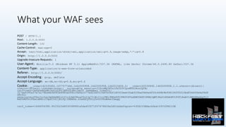 What your WAF sees
POST / HTTP/1.1
Host: 1.0.0.6:5000
Content-Length: 102
Cache-Control: max-age=0
Accept: text/html,application/xhtml+xml,application/xml;q=0.9,image/webp,*/*;q=0.8
Origin: http://1.0.0.6:5000
Upgrade-Insecure-Requests: 1
User-Agent: Mozilla/5.0 (Windows NT 5.1) AppleWebKit/537.36 (KHTML, like Gecko) Chrome/46.0.2490.80 Safari/537.36
Content-Type: application/x-www-form-urlencoded
Referer: http://1.0.0.6:5000/
Accept-Encoding: gzip, deflate
Accept-Language: en-GB,en-US;q=0.8,en;q=0.6
Cookie: __utma=162530492.1677577446.1442505958.1442505958.1442515406.2; __utmz=162530492.1442505958.1.1.utmcsr=(direct)|
utmccn=(direct)|utmcmd=(none); _vulnerable_session=JlXcvMQ38Tx1fbTD3VIpomnZtRnn2QYB;
csrftoken=JmfbGeRGsWv3XGjdIEYjBUYDL4BcJsm3; remember_token=1|
317ae4390a37e7ac78bd4bfb083e6482e068cc9d9a1077ed23df1c3df92fbf1d0503ee435ab52fba09d4a4f53c469b9b938104ff5010bdf56d30b4e56df
d8c42;
session=eyJfZnJlc2giOmZhbHNlLCJjc3JmX3Rva2VuIjp7IiBiIjoiTW1JNFpXUTJPR0V4TkdZMU5HSTJPREJqWTJKa01HUmhNV1F4TlRsbVl6WXdNemhpTjJ
Rd05RPT0ifSwidXNlcl9pZCI6IjEifQ.CRKNZw.22a8XCyVPcy5nYrf6LM4wcIwagQ
csrf_token=1446054390.9%23%23d6030368991a5da453071f0747682fe2d01dcbef&post=%3CH1%3EHackfest%3C%2FH1%3E
 