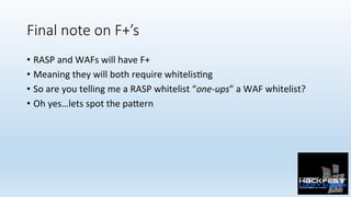 Final note on F+’s
•  RASP	and	WAFs	will	have	F+	
•  Meaning	they	will	both	require	whitelis0ng	
•  So	are	you	telling	me	a	RASP	whitelist	“one-ups”	a	WAF	whitelist?	
•  Oh	yes…lets	spot	the	pa:ern	
 