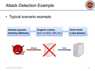 Attack Detection Example
• Typical scenario example:
Pinpointing Vulnerabilities 39
Attack Fork
Attacker guesses
memory addresses
Program crashes
(due to ASLR, DEP, etc.)
Victim forks
a new process
 