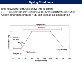 Dyeing Conditions
Time allowed for diffusion of dye into substrate
‰ Concentration of dye in fiber is up to 500 times greater than in solution
Acidity difference creates ~25-fold excess cellulose anion
 