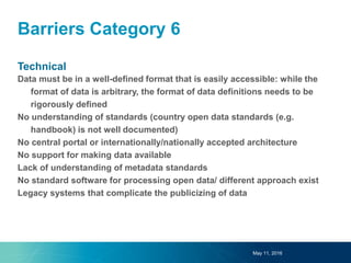 Barriers Category 6
Technical
Data must be in a well-defined format that is easily accessible: while the
format of data is arbitrary, the format of data definitions needs to be
rigorously defined
No understanding of standards (country open data standards (e.g.
handbook) is not well documented)
No central portal or internationally/nationally accepted architecture
No support for making data available
Lack of understanding of metadata standards
No standard software for processing open data/ different approach exist
Legacy systems that complicate the publicizing of data
May 11, 2016
 