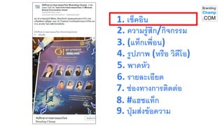 4. รูปภาพ (หรือ วิดีโอ)
7. ช่องทางการติดต่อ
5. พาดหัว
8. #แฮชแท็ก
1. เช็คอิน
2. ความรู้สึก/กิจกรรม
3. (แท็กเพื่อน)
6. รายละเอียด
9. ปุ่มส่งข้อความ
 