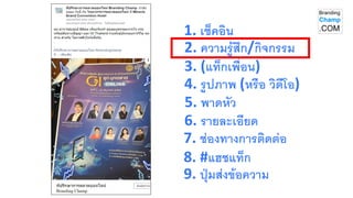 4. รูปภาพ (หรือ วิดีโอ)
7. ช่องทางการติดต่อ
5. พาดหัว
8. #แฮชแท็ก
1. เช็คอิน
2. ความรู้สึก/กิจกรรม
3. (แท็กเพื่อน)
6. รายละเอียด
9. ปุ่มส่งข้อความ
 