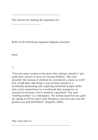 __________________________________
The reasons for making the argument are:
_____________________
Refer to the following argument diagram structure:
Issue
1.
“You say many women at the most elite colleges intend to ‘put
aside their careers in favor of raising children.’ But why
shouldn't the raising of children be considered a career as well?
Few would deny that being a stay-at-home parent is a
terrifically demanding job, requiring unlimited 'people skills'
and a total commitment to a workweek that recognizes no
concept of overtime, not to mention a paycheck. The term
'working mother' is a redundancy. No woman need feel any guilt
for opting to fill her days with whichever activities give her the
greatest joy and fulfillment” (English, 2005).
The issue here is:
__________________________________________
 