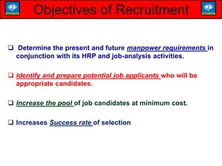  Determine the present and future manpower requirements in
conjunction with its HRP and job-analysis activities.
 Identify and prepare potential job applicants who will be
appropriate candidates.
 Increase the pool of job candidates at minimum cost.
 Increases Success rate of selection
Objectives of Recruitment
 