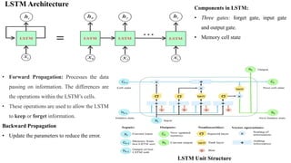 LSTM Architecture
LSTM Unit Structure
Components in LSTM:
• Three gates: forget gate, input gate
and output gate.
• Memory cell state
• Forward Propagation: Processes the data
passing on information. The differences are
the operations within the LSTM’s cells.
• These operations are used to allow the LSTM
to keep or forget information.
Backward Propagation
• Update the parameters to reduce the error.
 