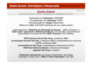 Martha Gabriel
        www.martha.com.br / Twitter: marthagabriel / martha@martha.com.br

                   Graduação em Engenharia UNICAMP
                                 Engenharia,
                    Pós-graduação em Marketing, ESPM
                   Pós-graduação em Design, Belas Artes
        Mestre em Artes ECA/USP (interfaces de voz, redes sociais)
                  Artes,                       voz

 Autora dos livros “Marketing de Otimização de Buscas” – 2008, Ed Esfera, e
“SEM e SEO: Dominando o Marketing de Busca”, Ed. Novatec, lançamento em
                                     g          ,             ,   ç
       25/jun/2009 e co-autora do livro “MBA | Executivo”, Ed. Saraiva.

              BSP Business School São Paulo, professora MBA
Universidade Anhembi Morumbi, professora MBA e coordenadora de e-learning
                          UFPR, professora MBA
       Universidade de São Paulo, pesquisadora e doutoranda na ECA
             NMD N     Media Developers, di t
                  New M di D      l      diretora d t
                                                  de tecnologia
                                                          l i
                       Upgrade! São Paulo, curadora

        Palestrante Internacional nas áreas de Marketing Tecnologia,
                                               Marketing, Tecnologia
       premiada 3 vezes com o “Best of Track Presentation” nos USA
 