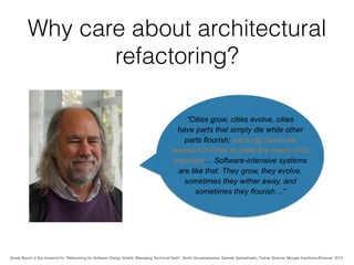 City metaphor
“Cities grow, cities evolve, cities
have parts that simply die while other
parts flourish; each city has to be
renewed in order to meet the needs of its
populace… Software-intensive systems
are like that. They grow, they evolve,
sometimes they wither away, and
sometimes they flourish…”
Grady Booch in the foreword for “Refactoring for Software Design Smells: Managing Technical Debt”, Girish Suryanarayana, Ganesh Samarthyam, Tushar Sharma, Morgan Kaufmann/Elsevier, 2014.
 