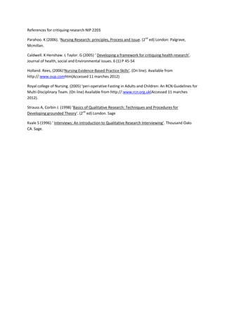 References for critiquing research NIP 2203

Parahoo. K (2006). ‘Nursing Research: principles, Process and Issue. (2nd ed) London: Palgrave,
Mcmillan.

Caldwell. K Henshaw. L Taylor. G (2005) ‘ Developing a framework for critiquing health research’.
Journal of health, social and Environmental issues. 6 (1) P 45-54

Holland. Rees, (2006)‘Nursing Evidence-Based Practice Skills’. (On line). Available from
http://:www.oup.comhtm(Accessed 11 marches 2012)

Royal college of Nursing. (2005) ‘peri-operative Fasting in Adults and Children: An RCN Guidelines for
Multi-Disciplinary Team. (On line) Available from http://:www.rcn.org.uk(Accessed 11 marches
2012).

Strauss A, Corbin J. (1998) ‘Basics of Qualitative Research: Techniques and Procedures for
Developing grounded Theory’. (2nd ed) London. Sage

Kvale S (1996).’ Interviews: An Introduction to Qualitative Research Interviewing’. Thousand Oaks
CA. Sage.
 